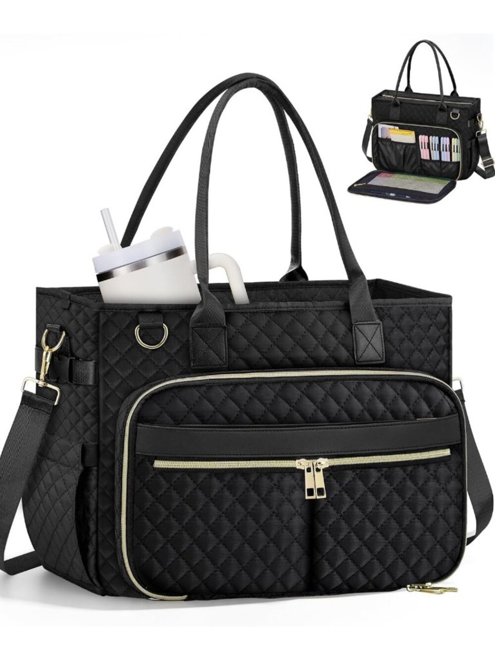 Spacious Teacher Tote Bag with Laptop Compartment, Cup Holder & Zip Closure